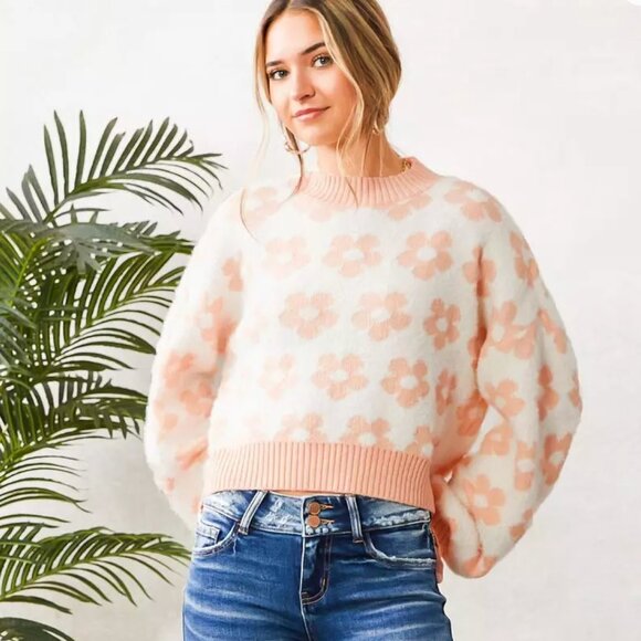 Floral Print Cropped Sweater Womens Size Small Peach Mint - Picture 1 of 10